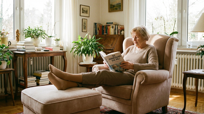 Eine rüstige Seniorin sitzt entspannt in einem gemütlichen Sessel in ihrem lichtdurchfluteten Wohnzimmer und trägt unauffällige, hautfarbene Kompressionsstrümpfe. Sie liest ein Buch und hat die Beine bequem auf einem weichen Hocker hochgelegt.