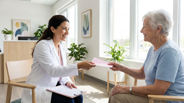 Eine sympathische Ärztin im weißen Kittel überreicht einer älteren Patientin in einer hellen, modernen Arztpraxis ein rosafarbenes Papierrezept. Beide lächeln sich vertrauensvoll an.