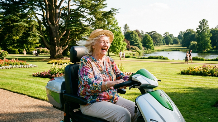 Eine ältere Dame fährt an einem sonnigen Tag fröhlich mit einem modernen Elektromobil durch einen grünen Park. Die Umgebung ist gepflegt und voller Bäume.