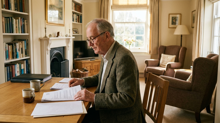 Ein älterer Herr mit Lesebrille sitzt an einem aufgeräumten Schreibtisch und studiert aufmerksam, aber entspannt Dokumente. Eine Tasse Kaffee steht daneben. Warme, ruhige Atmosphäre in einem gemütlichen Wohnzimmer, realistischer Fotostil ohne Schriftzüge.