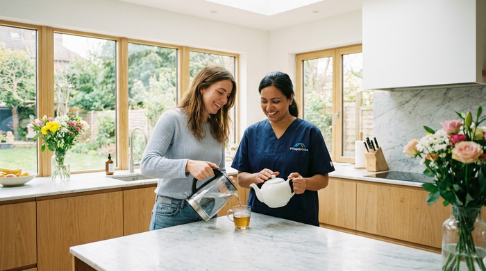 Eine erwachsene Tochter und eine professionelle Pflegekraft stehen lächelnd nebeneinander in einer modernen Küche und bereiten gemeinsam einen Tee vor. Harmonische Zusammenarbeit zwischen Angehörigen und Profis, helles und freundliches Ambiente.
