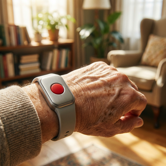 Nahaufnahme eines modernen Hausnotruf-Armbands am Handgelenk eines Senioren. Der Hintergrund ist leicht unscharf und zeigt ein gemütliches, sonnendurchflutetes Wohnzimmer. Realistisch und detailreich, ohne störende Beschriftungen.
