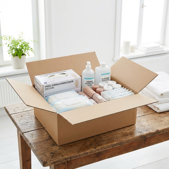 Eine geöffnete Box mit sauberen, ordentlich gestapelten Pflegehilfsmitteln wie Einmalhandschuhen und Desinfektionsmittelflaschen auf einem Holztisch. Helles Licht, sauberes und aufgeräumtes Umfeld.