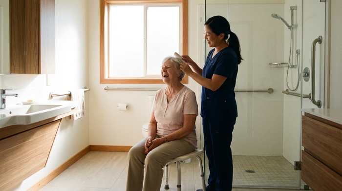 Eine fröhliche Seniorin wird von einer einfühlsamen Pflegekraft im Badezimmer beim Haarekämmen unterstützt. Helles, barrierefreies Badezimmer mit Haltegriffen an den Wänden, vertrauensvolle und respektvolle Stimmung.