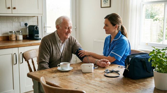 Eine professionelle Pflegekraft misst sanft den Blutdruck eines älteren Herrn am Küchentisch. Die Szene ist ruhig und vertrauensvoll, mit medizinischem Equipment auf dem Tisch. Helle, freundliche Beleuchtung.