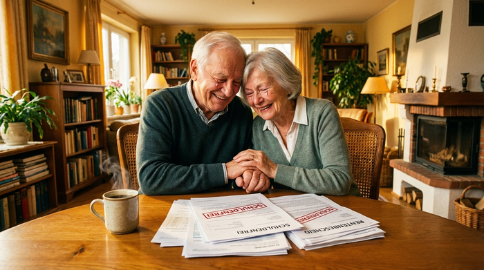 Ein älteres Ehepaar sitzt gemeinsam am Esstisch und betrachtet erleichtert einige Dokumente. Eine Tasse Kaffee steht daneben. Warme, häusliche Atmosphäre, die finanzielle Entlastung und Zuversicht ausstrahlt.