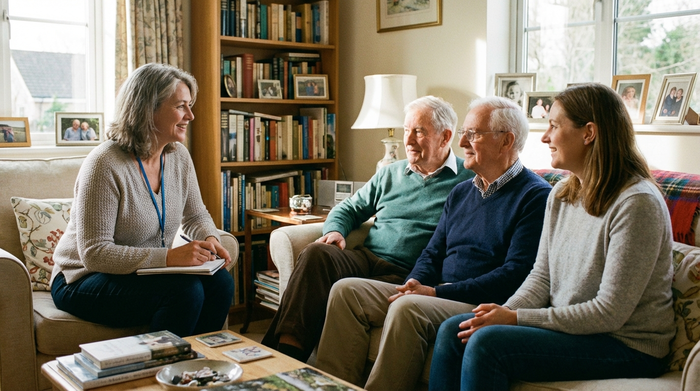 Eine erfahrene Pflegedienstleitung im Gespräch mit einer Familie im heimischen Wohnzimmer. Alle sitzen entspannt zusammen, nicken verständnisvoll. Authentische Beratungssituation in vertrauter Umgebung.
