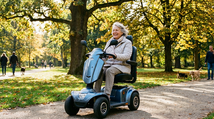 Eine rüstige Seniorin fährt lächelnd mit einem modernen Elektromobil durch einen sonnigen Park mit alten Bäumen. Sie trägt eine leichte Jacke und genießt die Unabhängigkeit an der frischen Luft.