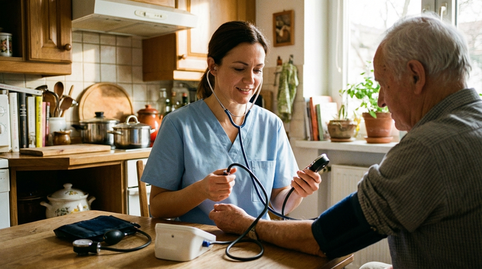 Eine professionelle Pflegekraft in hellblauer Kasack-Kleidung misst den Blutdruck eines älteren Herrn in dessen gemütlicher Küche. Medizinische Instrumente liegen auf dem Holztisch. Konzentrierter, aber freundlicher Gesichtsausdruck, helles Tageslicht.
