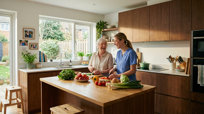 Eine ältere Frau und eine jüngere Betreuungskraft kochen gemeinsam in einer modernen, aufgeräumten Küche. Beide lachen und schneiden frisches Gemüse. Warme, familiäre Stimmung, die ein harmonisches Zusammenleben im Alltag zeigt.