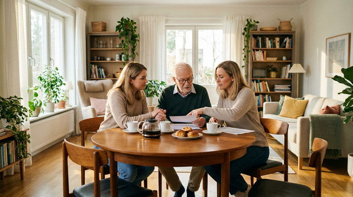 Zwei erwachsene Töchter sitzen mit ihrem älteren Vater an einem runden Esstisch und besprechen liebevoll Unterlagen. Kaffeetassen stehen auf dem Tisch, entspannte und unterstützende Atmosphäre in einem hellen, freundlichen Wohnzimmer.