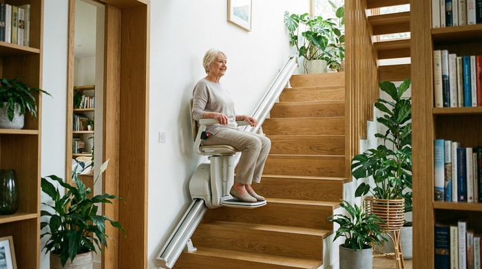 Ein moderner, unauffälliger Treppenlift in einem gepflegten Einfamilienhaus. Eine ältere Dame fährt sicher und entspannt die Holztreppe hinauf. Helles Treppenhaus mit Pflanzen, realistische und sichere Wohnumgebung im Alter.