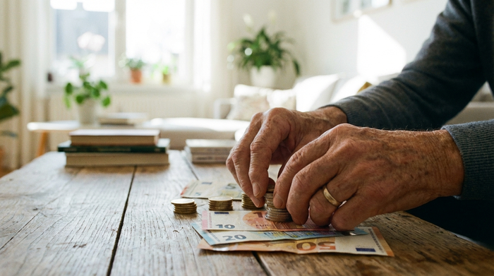 Nahaufnahme von älteren Händen, die sorgfältig Münzen und Geldscheine auf einem Holztisch stapeln, unscharfer Hintergrund eines hellen Zimmers, symbolisiert finanzielle Planung.