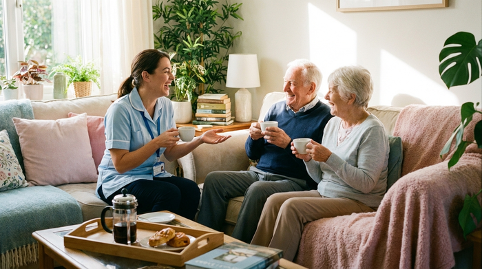 Ein freundlicher Pflegeberater in einem hellblauen Hemd sitzt mit einem Senioren-Ehepaar auf einem bequemen Sofa, sie unterhalten sich entspannt bei einer Tasse Kaffee.