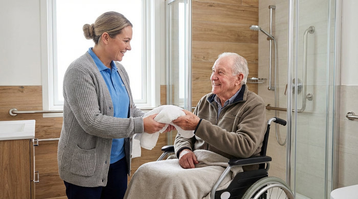 Eine freundliche Pflegekraft in professioneller, aber gemütlicher Kleidung reicht einem lächelnden älteren Herrn im Rollstuhl in einem modernen, hellen und barrierefreien Badezimmer ein Handtuch.