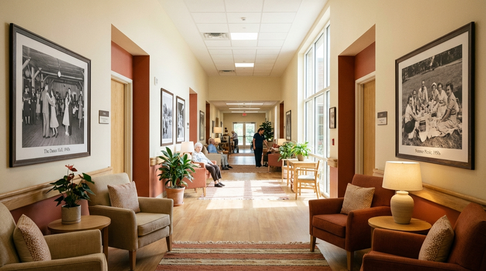 Ein breiter, heller Flur in einer Pflegeeinrichtung, gestaltet mit warmen Farben. An den Zimmertüren hängen große, nostalgische Schwarz-Weiß-Fotografien zur Orientierung. Gemütliche Atmosphäre, sauber und einladend.