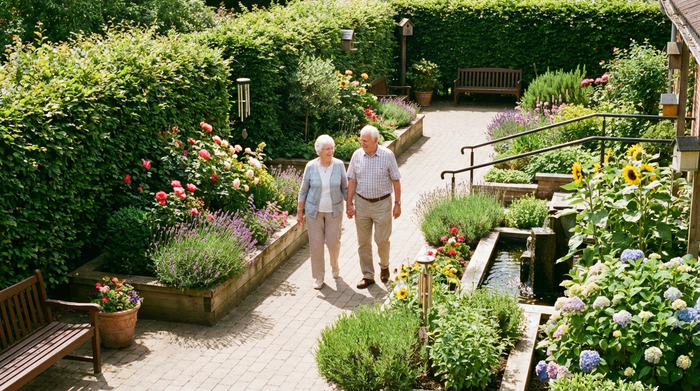 Ein sicherer, idyllischer Sinnesgarten für Senioren. Ein gepflasterter Rundweg führt durch dichte, grüne Hecken und bunte Blumenbeete. Ein älteres Paar spaziert langsam Hand in Hand den sonnigen Weg entlang.
