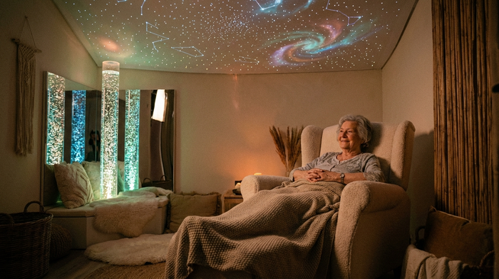 Ein gemütlich eingerichteter Snoezelen-Raum mit gedimmtem Licht. Bequeme Sessel, sanft leuchtende Wassersäulen und ein beruhigender Sternenhimmel an der Decke. Eine ältere Dame entspannt sich sichtbar in dieser friedlichen Umgebung.