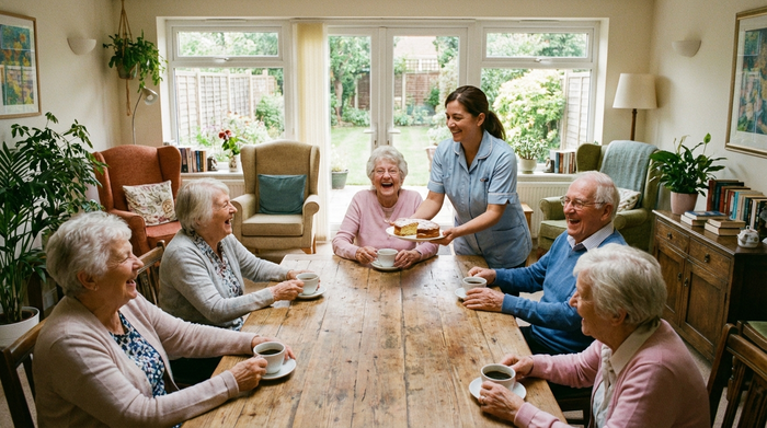 Ein fröhlicher Gemeinschaftsraum in einer Tagespflegeeinrichtung. Mehrere Senioren sitzen an einem großen Holztisch, trinken Kaffee und lachen gemeinsam. Eine freundliche Betreuerin reicht einen Teller mit Kuchen. Helle, herzliche Stimmung.