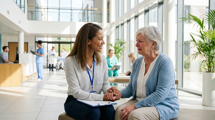 Eine freundliche Sozialarbeiterin im Krankenhausflur spricht einfühlsam mit einer besorgten Angehörigen. Im Hintergrund ein heller, moderner Klinikbereich.