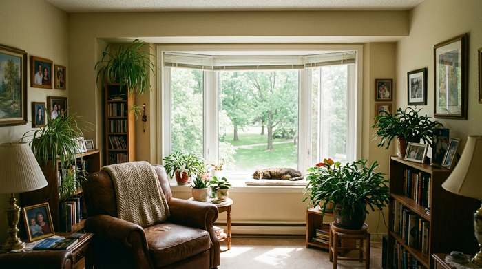 Ein gemütlich eingerichtetes Zimmer in einer Seniorenresidenz mit einem bequemen Sessel, Zimmerpflanzen und einem großen Fenster mit Blick auf einen grünen Park.