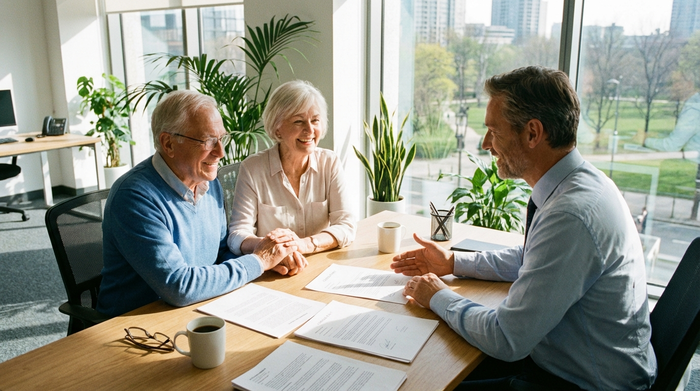 Ein älteres Ehepaar sitzt mit einem Berater über Dokumenten an einem Schreibtisch. Alle wirken erleichtert und zufrieden. Helle, freundliche Büroatmosphäre.