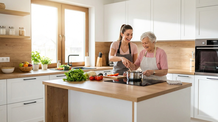 Eine liebevolle Pflegekraft unterstützt eine lächelnde ältere Dame beim gemeinsamen Kochen in einer modernen, sauberen Küche.