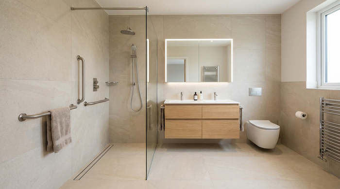 Ein modernes, hell gefliestes Badezimmer mit einer geräumigen, ebenerdigen Dusche und eleganten, unauffälligen Haltegriffen.