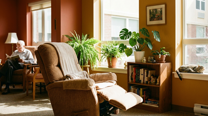 Ein moderner, bequemer Ruhesessel in einem sonnendurchfluteten Aufenthaltsraum einer Senioreneinrichtung. Zimmerpflanzen, ein kleines Bücherregal und warme Wandfarben im Hintergrund schaffen ein gemütliches, wohnliches Ambiente.