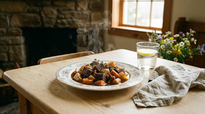 Ein appetitlich angerichtetes, dampfendes Mittagessen auf einem schönen Porzellanteller, serviert auf einem hellen Holztisch. Ein Glas Wasser und eine frische Stoffserviette liegen daneben. Einladende und gemütliche Essensatmosphäre ohne Personen.