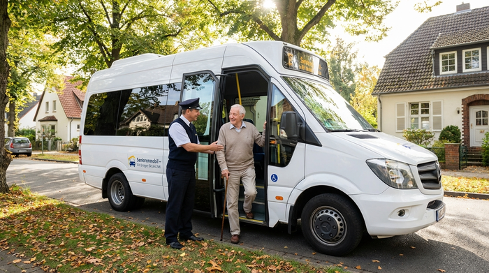 Ein moderner, weißer Kleinbus mit geöffneter Seitentür steht in einer ruhigen, von Bäumen gesäumten Wohnstraße. Ein freundlicher Fahrer hilft einem lächelnden Senior mit Gehstock behutsam beim Einsteigen in das Fahrzeug.