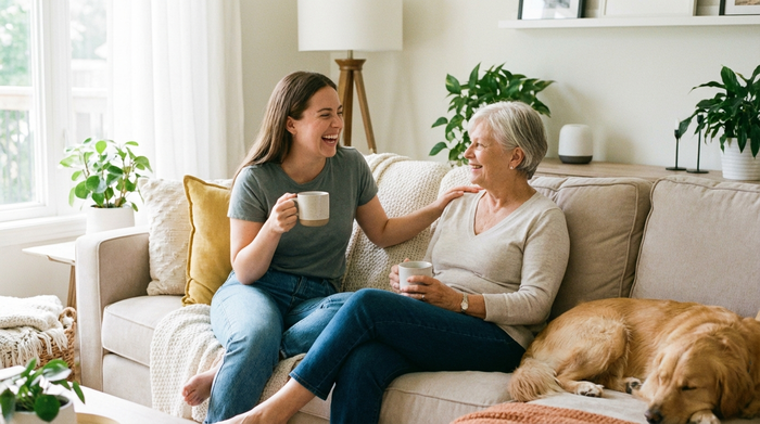 Zwei erwachsene Frauen sitzen entspannt auf einem gemütlichen Sofa und trinken Kaffee. Eine der Frauen, die pflegende Tochter, wirkt sichtlich erleichtert und glücklich. Ein helles, aufgeräumtes Wohnzimmer unterstreicht die entspannte Atmosphäre.