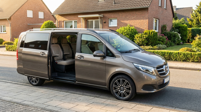 Ein komfortabler, moderner Kleinbus mit geöffneter Schiebetür steht sicher an einem Bordstein in einer ruhigen Nachbarschaft. Im Hintergrund ein typisches, gepflegtes Wohnhaus im Ruhrgebiet. Sonniges Wetter, saubere Umgebung, realistische Fotografie ohne Text.