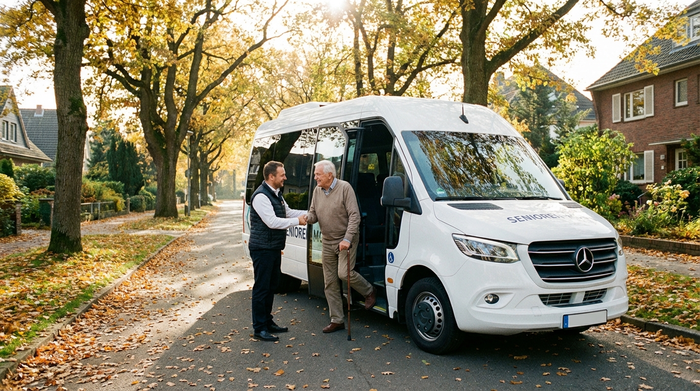 Ein moderner, weißer Kleinbus mit geöffneter Schiebetür steht in einer ruhigen, grünen Wohnstraße. Ein freundlicher Fahrer hilft einem lächelnden Senior mit Gehstock beim Einsteigen. Helles Morgenlicht, herbstliche Bäume im Hintergrund.