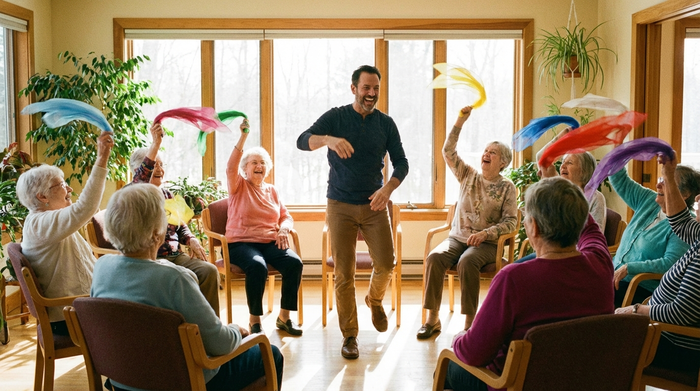 Ältere Menschen sitzen in einem Stuhlkreis in einem lichtdurchfluteten Raum und machen leichte Gymnastik mit bunten Tüchern. Eine motivierende Therapeutin macht die Bewegungen vor. Fokus auf Vitalität und Freude.
