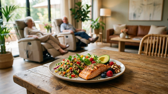 Ein liebevoll angerichteter Teller mit gesundem Essen steht auf einem Tisch. Im Hintergrund sieht man leicht unscharf Senioren, die in einem stilvollen Ruheraum in bequemen, elektrischen Ruhesesseln entspannen.