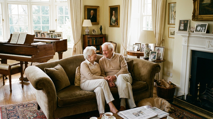 Ein älteres Ehepaar sitzt entspannt auf einem Sofa im eigenen Wohnzimmer und schaut sich lächelnd an. Die Szene strahlt finanzielle Sicherheit und familiäre Harmonie aus. Sanftes Nachmittagslicht.