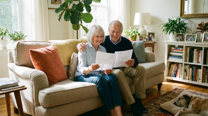 Ein älteres Ehepaar sitzt entspannt auf einem Sofa und schaut sich gemeinsam Dokumente an, beide wirken erleichtert und glücklich. Helles, freundliches Wohnzimmer ohne sichtbaren Text auf den Papieren.