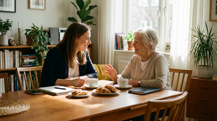 Eine sympathische Beraterin sitzt mit einer älteren Dame am Esstisch bei einer Tasse Kaffee. Sie unterhalten sich freundlich und zugewandt. Warme, einladende und vertrauensvolle Atmosphäre.