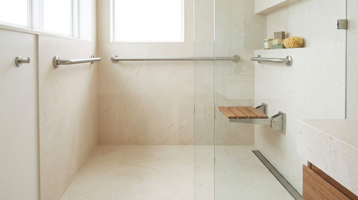 Eine moderne, bodengleiche Dusche in einem hellen, blitzsauberen Badezimmer. Hochwertige, unauffällige Haltegriffe an den gefliesten Wänden sorgen für Sicherheit. Ein aufgeräumtes und sicheres Umfeld.