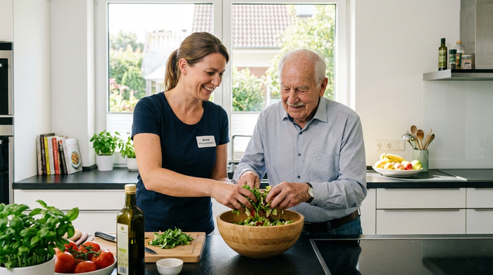 Eine professionelle Alltagsbegleiterin hilft einem älteren Herrn liebevoll beim Zubereiten eines Salats in einer sauberen, gut beleuchteten Küche. Beide lächeln. Realistische, alltägliche Szene ohne Text.