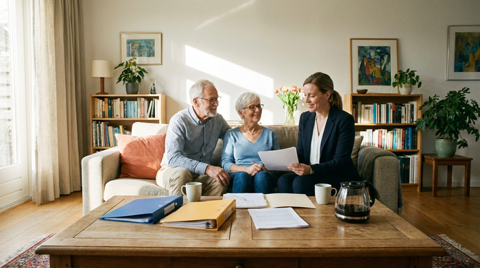 Ein älteres Ehepaar sitzt entspannt auf einem Sofa und bespricht Dokumente mit einer Beraterin. Auf dem Tisch liegen Ordner und Kaffeetassen. Helles Tageslicht, professionelle und vertrauensvolle Stimmung.