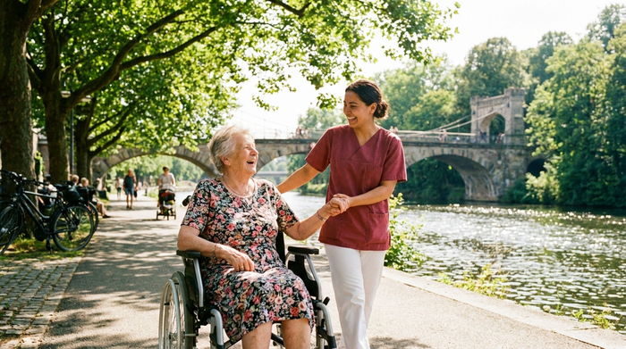 Eine ältere Dame und eine jüngere Betreuerin machen einen entspannten Spaziergang an der Ruhrpromenade an einem sonnigen Tag. Im Hintergrund sind grüne Bäume und Wasser zu sehen. Friedliche, fröhliche Stimmung.