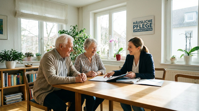 Ein älteres Ehepaar sitzt mit einer Beraterin an einem Tisch. Sie besprechen entspannt und mit freundlichen Gesichtern die Organisation der häuslichen Pflege in einem hellen, aufgeräumten Raum.