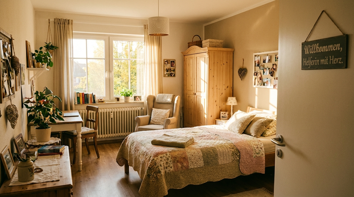 Ein gemütlich und liebevoll eingerichtetes Gästezimmer für eine Pflegekraft mit einem komfortablen Bett, einem hellen Holzschrank und einem großen Fenster, durch das warmes Sonnenlicht fällt.