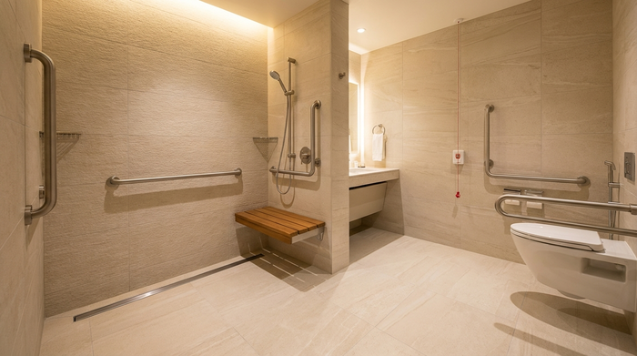 Ein sicheres, modern umgebautes, barrierefreies Badezimmer mit einer bodengleichen Dusche, eleganten Haltegriffen und hellen Fliesen, das Komfort und Sicherheit für Senioren ausstrahlt.