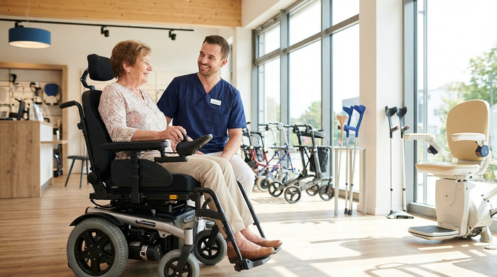Ein moderner, heller Verkaufsraum eines Sanitätshauses. Eine ältere Person sitzt in einem Rollstuhl und wird von einem lächelnden Berater in Dienstkleidung umfassend beraten. Im Hintergrund sind verschiedene Mobilitätshilfen unscharf zu erkennen. Realistisch, hochwertig, ohne Text.