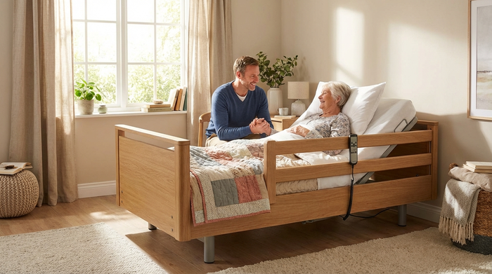 Ein gemütlich eingerichtetes Schlafzimmer mit einem modernen elektrischen Pflegebett in eleganter Holzoptik. Eine ältere Frau liegt entspannt im Bett, während ihr Sohn daneben sitzt und lächelnd ihre Hand hält. Helles Tageslicht fällt durch das Fenster, aufgeräumte und warme Atmosphäre.