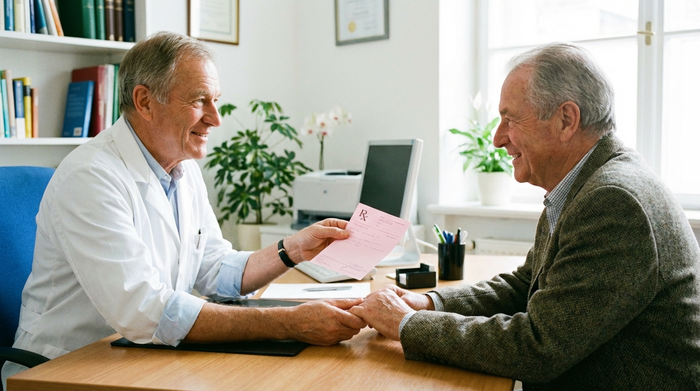 Ein Hausarzt im weißen Kittel sitzt an seinem Schreibtisch und überreicht einem älteren männlichen Patienten ein rosa Rezeptformular. Die Szene wirkt vertrauensvoll und professionell. Im Hintergrund eine typische, helle Arztpraxis. Keine lesbaren Texte auf dem Dokument.