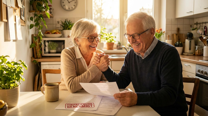 Ein älteres Ehepaar sitzt gemeinsam am heimischen Küchentisch und schaut erleichtert auf einige Dokumente. Eine Kaffeetasse steht auf dem Tisch. Die Stimmung ist positiv und entspannt, da die Finanzierung geklärt ist. Sanftes Sonnenlicht fällt durch das Fenster.